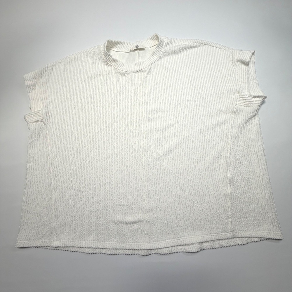 ENTRO Cream Waffle Knit‎ Short Sleeve Sweater Top No Size Tag Relaxed Fit